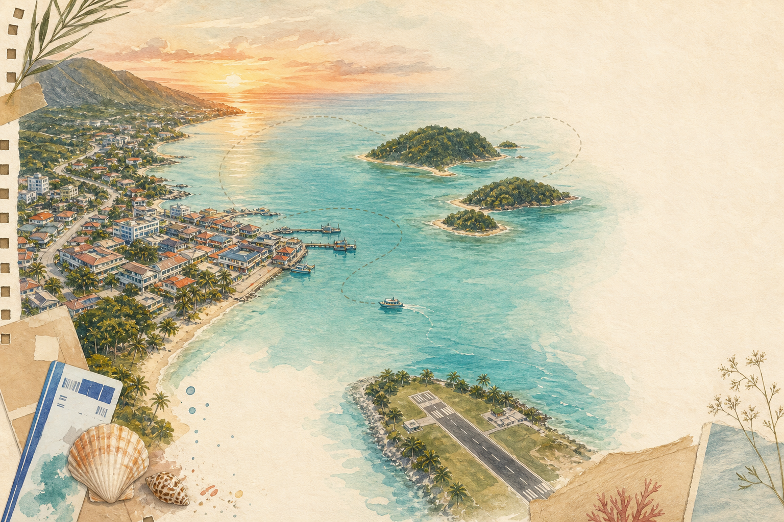 亚庇海港、近海岛屿、机场与手账元素的水彩插画