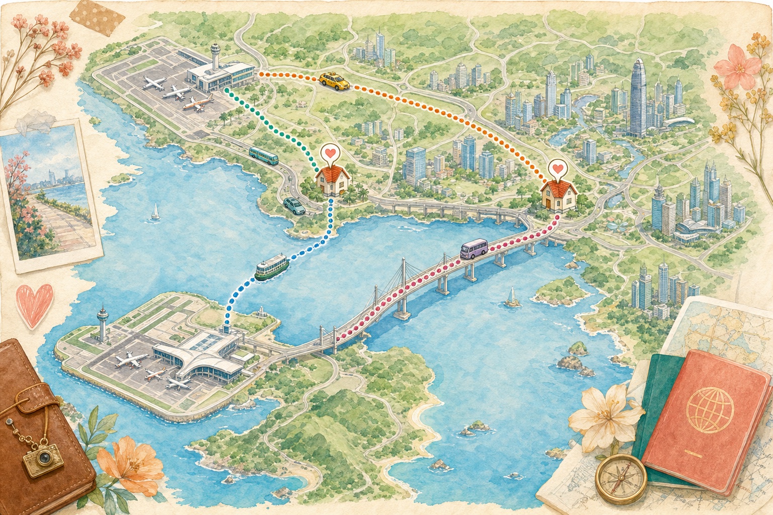 妮妮从福田水围或南山龙海家园前往深圳机场和香港机场的手绘相对位置图